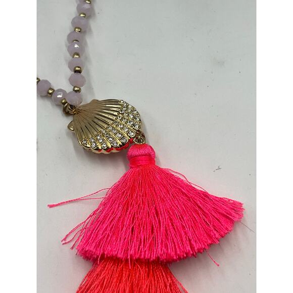 Lilly Pulitzer Gold Pave Shell Pink Beaded Vibrant Bright Tassel Long Necklace - Picture 7 of 10